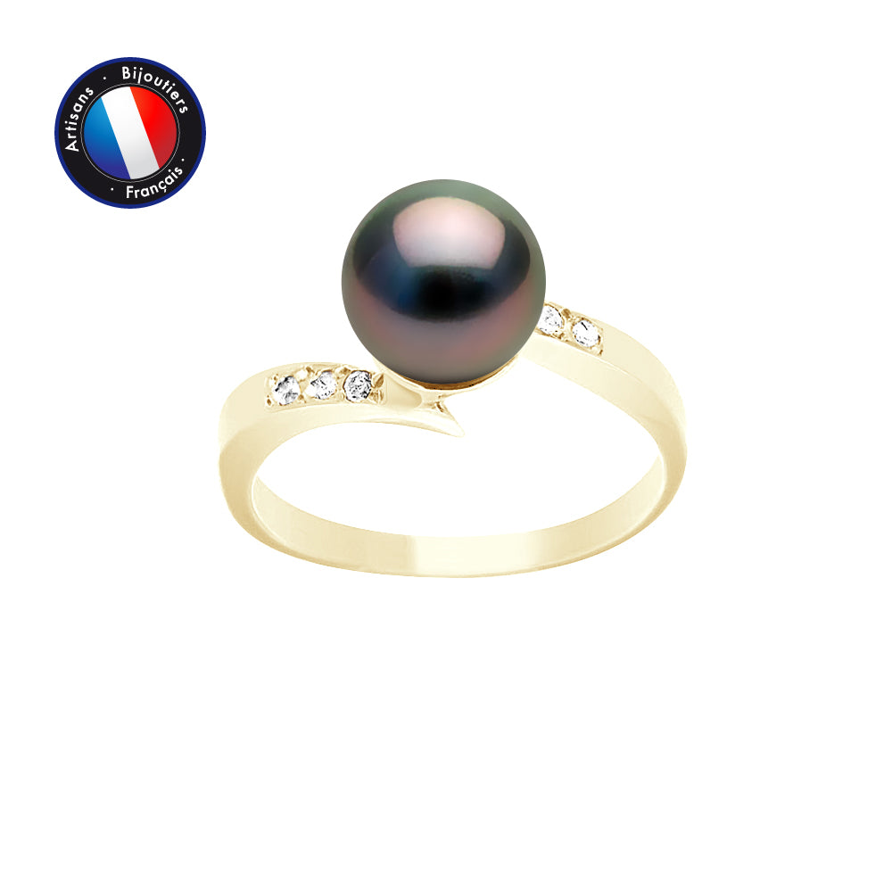 Bague- Perles de Culture de Tahiti- Ronde Diamètre 8-9 mm- (Taille 50 (EU) a 62)- Bijou Femme- OrJaune- Diamants