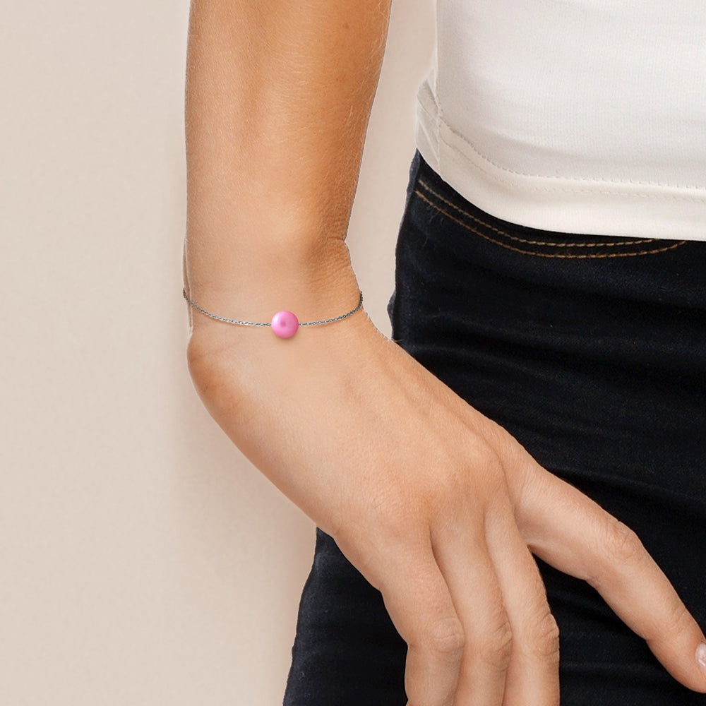 Bracelet- Perle de Culture d'Eau Douce- Diamètre 8-9 mm Rose Fushia- Bijou Femme- Argent 925 Millièmes