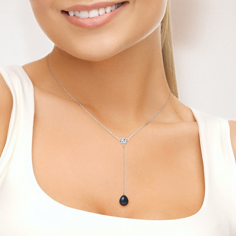 Collier Femme Cravate Perle Noire 9-10 mm – Argent 925 Rhodié | Ton Shop
