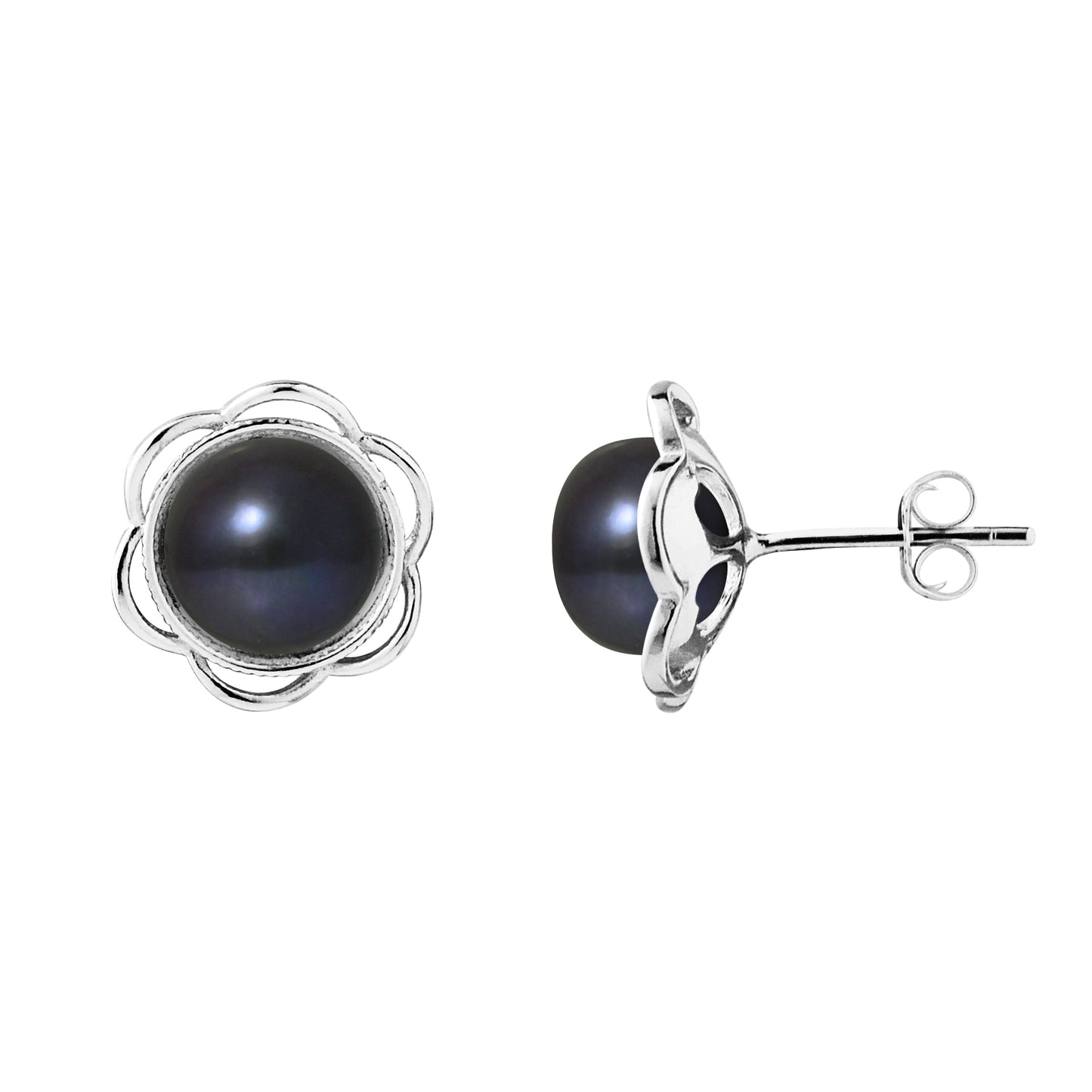 Boucles d'Oreilles- Fleur Perles de Culture d'Eau Douce Black Tahiti- Bijou Femme- Argent 925 Millièmes