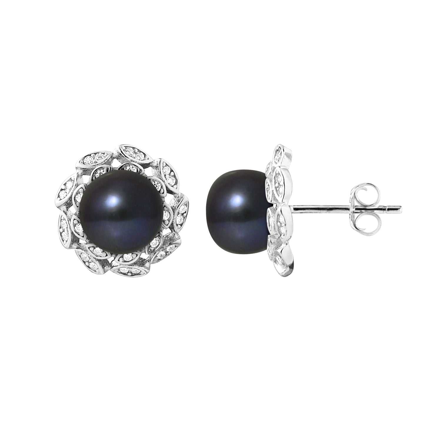 Boucles d'Oreilles- Corolle Perles de Culture d'Eau Douce Black Tahiti- Bijou Femme- Argent 925 Millièmes
