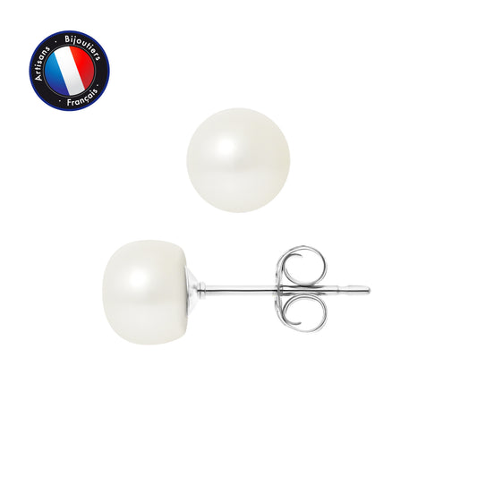 Boucle d'Oreilles- Perles de Culture d'Eau Douce Bouton 7-8 mm Blanc- Bijou Femme- Or Blanc