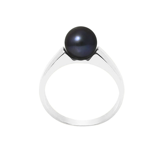 Bague- Perles de Culture d'Eau douce- Ronde Diamètre 7-8 mm Black Tahiti- Taille 48 (EU)- Bijou Femme- Argent 925 Millièmes