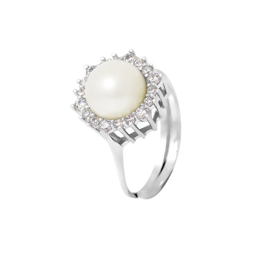 Bague- Perles de Culture d'Eau douce- Bouton Diamètre 8-9 mm Blanc- Taille Réglable- Bijou Femme- Argent 925 Millièmes
