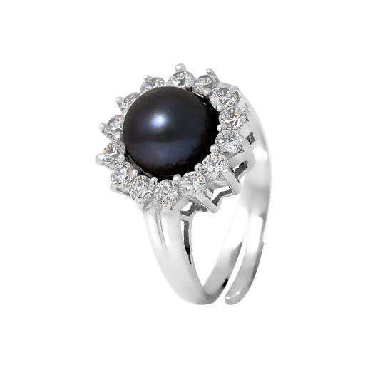 Bague- Perles de Culture d'Eau douce- Bouton Diamètre 9-10 mm Black Tahiti- Taille Réglable- Bijou Femme- Argent 925 Millièmes