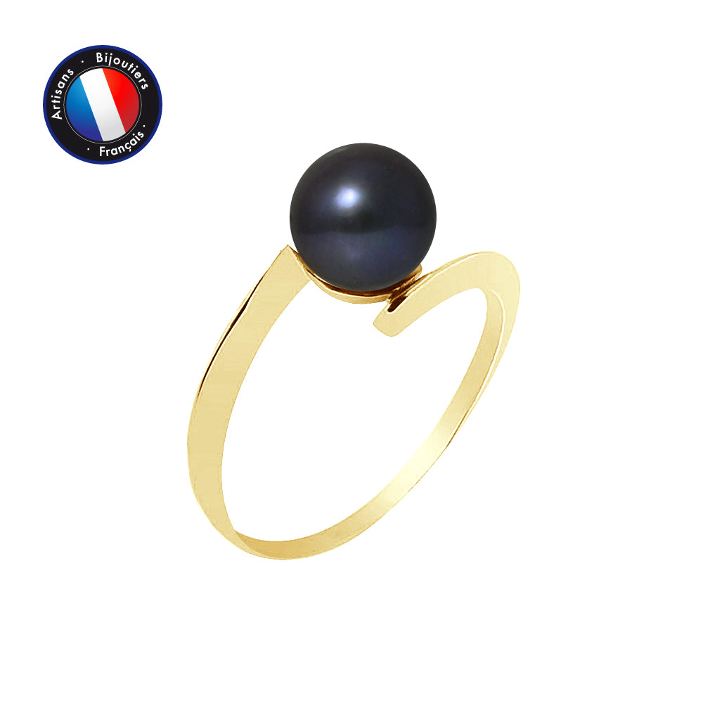 Bague- Perles de Culture d'Eau Douce- Ronde Diamètre 7-8 mm Black Tahiti- Taille 48 (EU)a 62- Bijou Femme- OrJaune