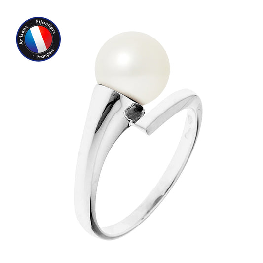 Bague- Perles de Culture d'Eau Douce- Ronde Diamètre 8-9 mm Blanc- Taille 48 (EU)- Bijou Femme- Or Blanc