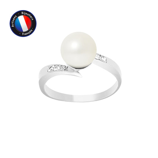 Bague- Perles de Culture d'Eau Douce- Ronde Diamètre 8-9 mm Blanc- Taille 48 (EU)- Bijou Femme- Or Blanc- Dimants