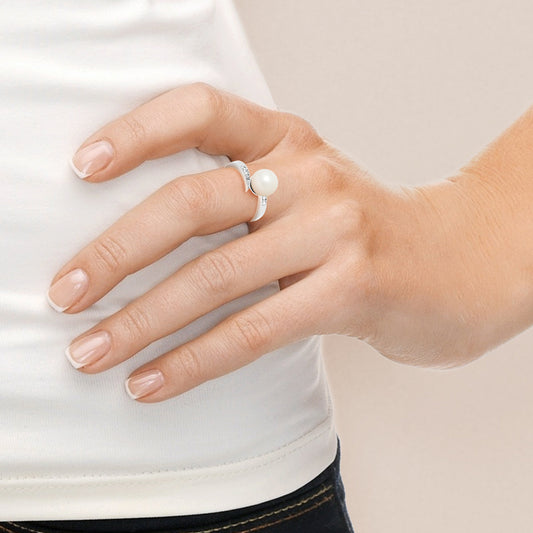 Bague- Perles de Culture d'Eau Douce- Ronde Diamètre 8-9 mm Blanc- Taille 48 (EU)- Bijou Femme- Or Blanc- Dimants