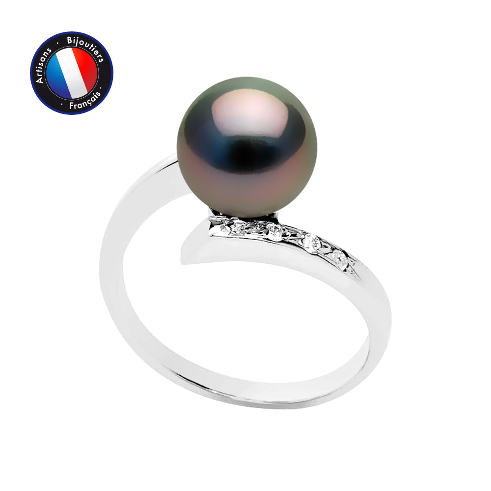 Bague- Perles de Culture de Tahiti- Ronde Diamètre 8-9 mm- Taille 48 (EU) a 62- Bijou Femme- Or Blanc- Diamants