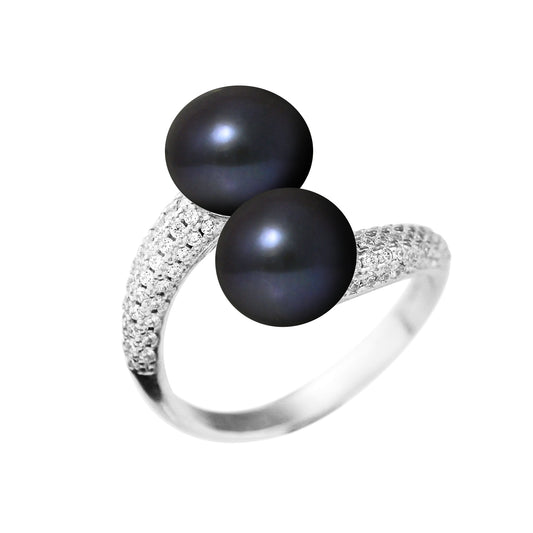 Toi & Moi Perles de Culture d'Eau Douce Bouton 8-9 mm Black Tahiti- Bijou Femme- Argent 925 Millièmes