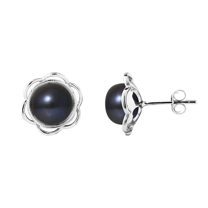 Boucles d'Oreilles- Fleur Perles de Culture d'Eau Douce Black Tahiti- Bijou Femme- Argent 925 Millièmes