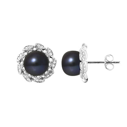 Boucles d'Oreilles- Corolle Perles de Culture d'Eau Douce  Black Tahiti- Bijou Femme- Argent 925 Millièmes