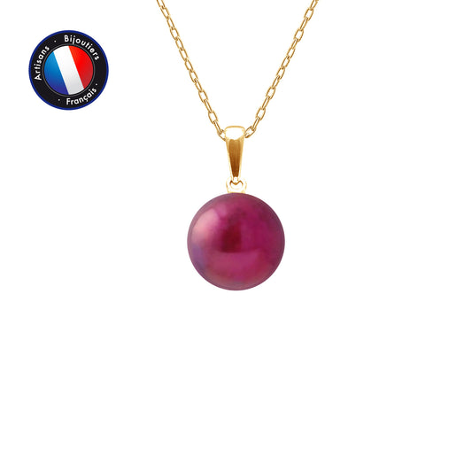 Pendentif- Perle de Culture d'Eau Douce- Bouton Diamètre 9-10 mm Rouge Cerise- Bijou Femme- OrJaune