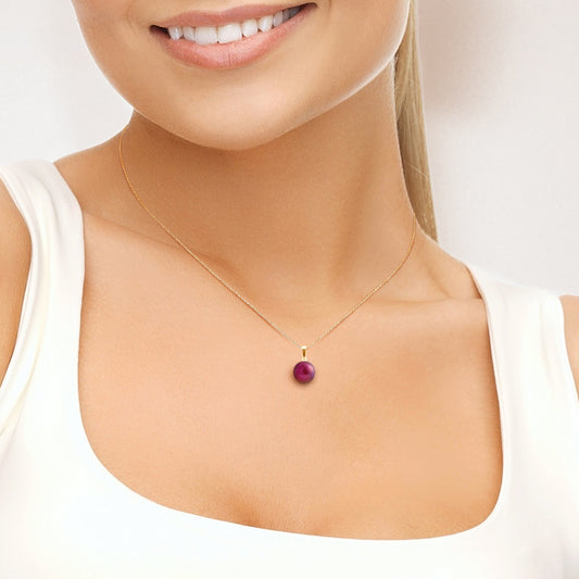 Pendentif- Perle de Culture d'Eau Douce- Bouton Diamètre 9-10 mm Rouge Cerise- Bijou Femme- OrJaune