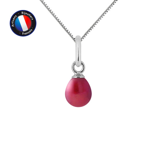 Pendentif- Perle de Culture d'Eau Douce- Bouton Diamètre 5-6 mm Rouge Cerise- Bijou Femme- Or Blanc