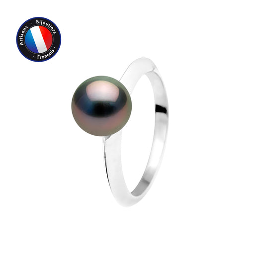Bague Jonc Simple - Perles de Culture de Tahiti - Ronde Diamètre 8-9 mm- Taille 48 (EU)- Bijou Femme- Argent 925 Millièmes