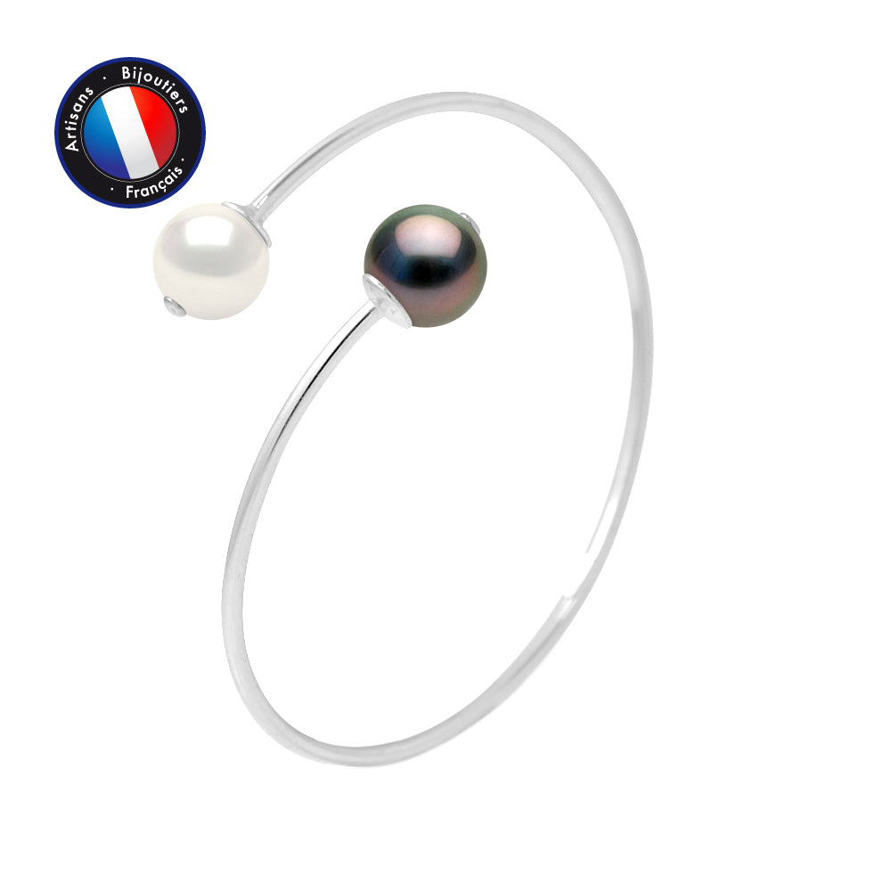 Bracelet Jonc Toi & Moi- 1 Perle de Culture de Tahiti et 1 Perle d'Eau Douce Blanche- Ronde 10-11 mm- Bijou Femme- Argent 925 Millièmes