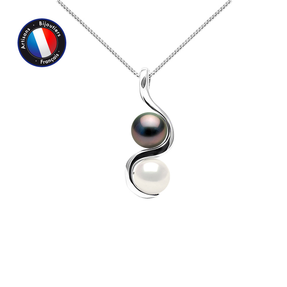 Collier Femme – Perle de Culture d’Eau Douce Blanche & Perle de Tahiti Ronde 8-9 mm – Argent 925 Rhodié – Ton Shop